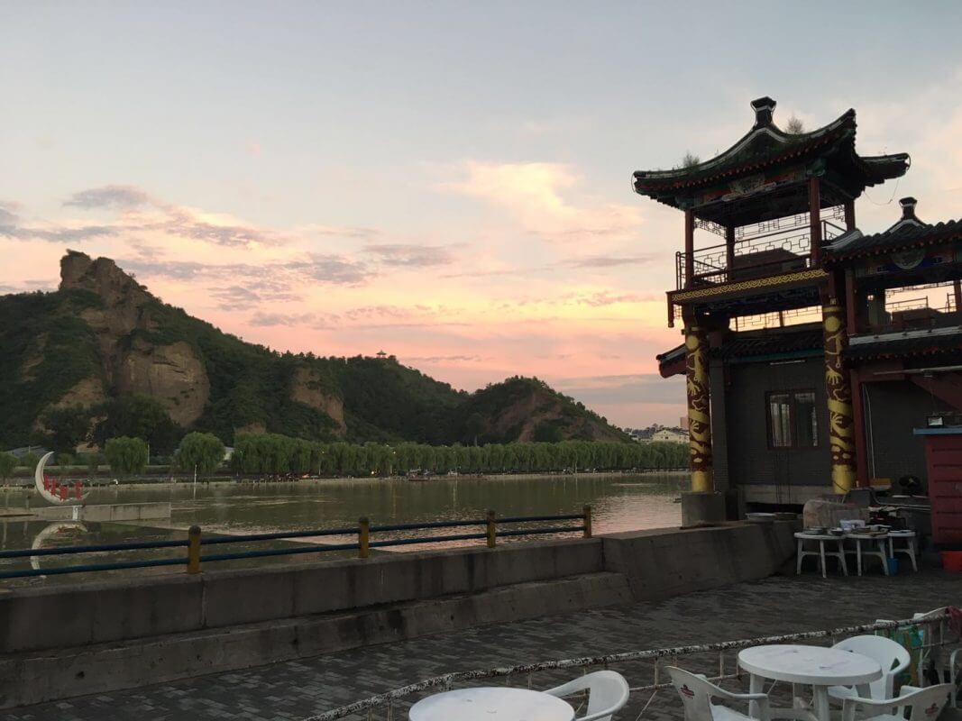 Sunset in Chengde, pagodas and mountains